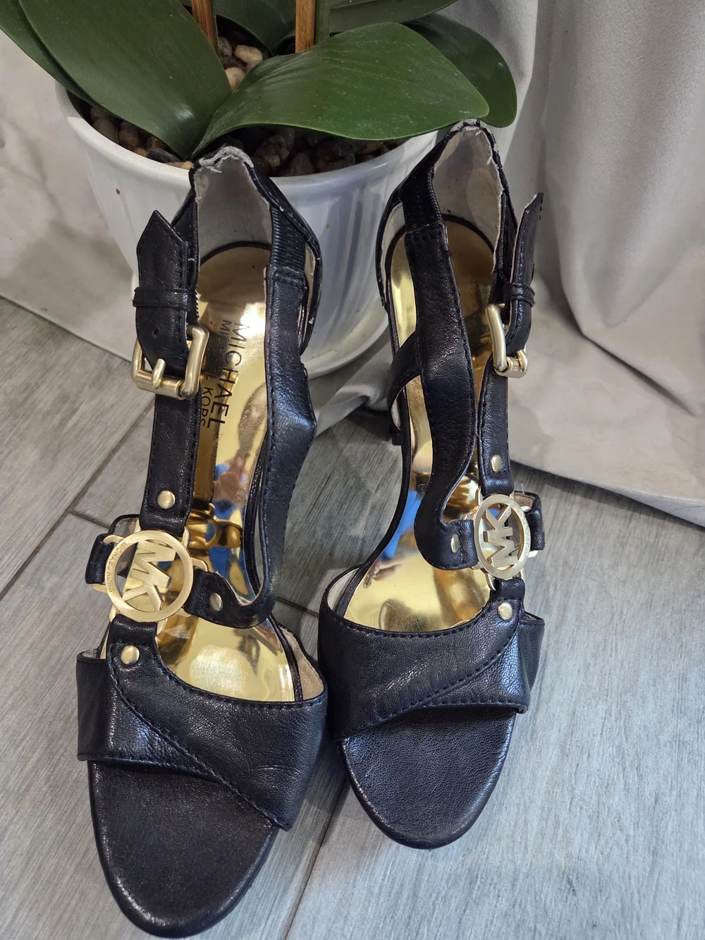 Michael Kors Black Leather T-Strap Platform Heels with Gold Logo